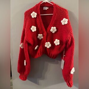 Anthropologie Luna Ivy 3D Flower Oversized Knit Cardigan Sweater in Red Sz M Dc